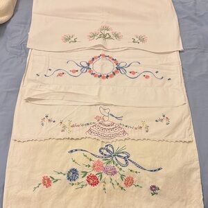 Vintage White Embroidered Floral and Doll Motif Pillowcases